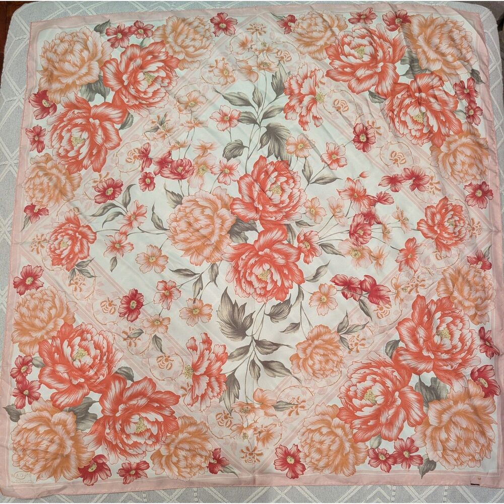 Oscar de la Renta Silk Scarf – 36×36 – Floral Print – Signature Border – Photos